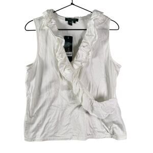 NWT Lauren Ralph Lauren Ruffled White Faux Wrap Tank Top V-Neck Casual Size PL